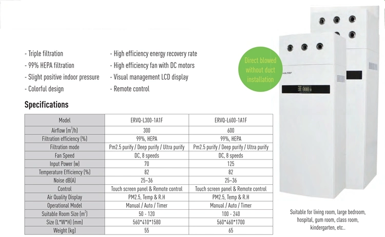 Holtop Ductless Hrv/Erv Energy Recovery Fresh Air Ventilation System with Heat Recuperators